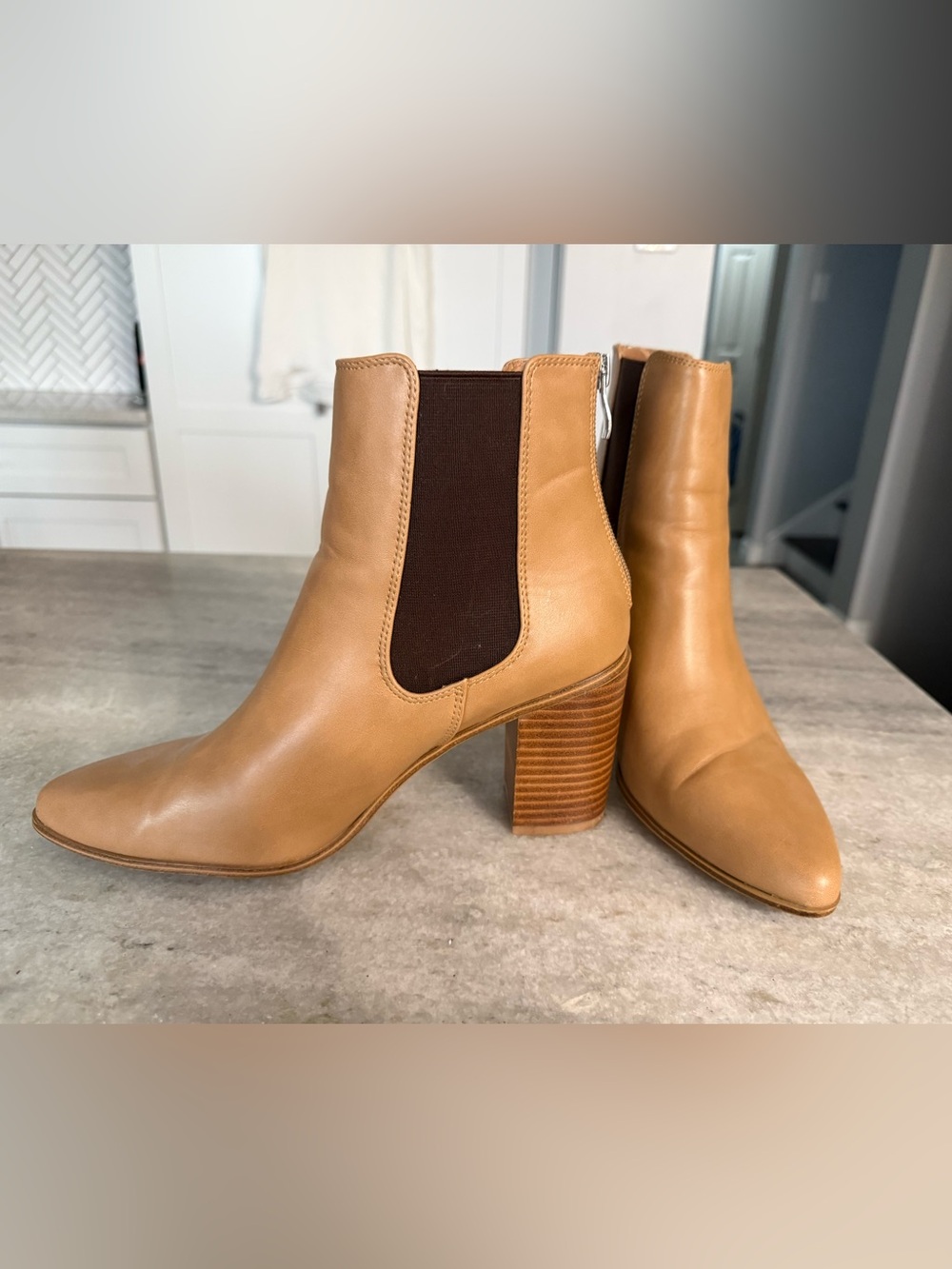 Camel Leather Chelsea Ankle Boots with Stacked Heel